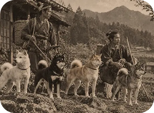 Chasseurs japonais d'autrefois et leurs Shiba Inu dans un village de montagne