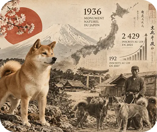 Shiba Inu devant le mont Fuji, entre carte du Japon et chiffres des inscriptions au LOF