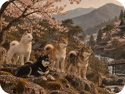 Shiba Inu allongés sur des rochers sous les cerisiers en fleurs, dans les montagnes du Japon
